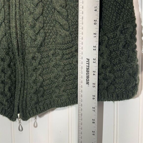 Aran MorMor 100% Merino Wool Ireland Green Cable Knit Hoodie Sweater L Fisherman - Picture 6 of 9